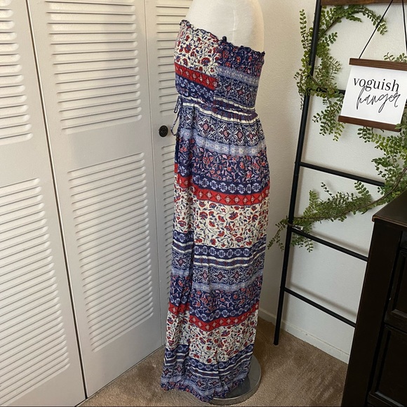 Motherhood|M|Red White Blue Multi Print Boho Tassel Tie Slit Sides Maxi Dress - Picture 2 of 10